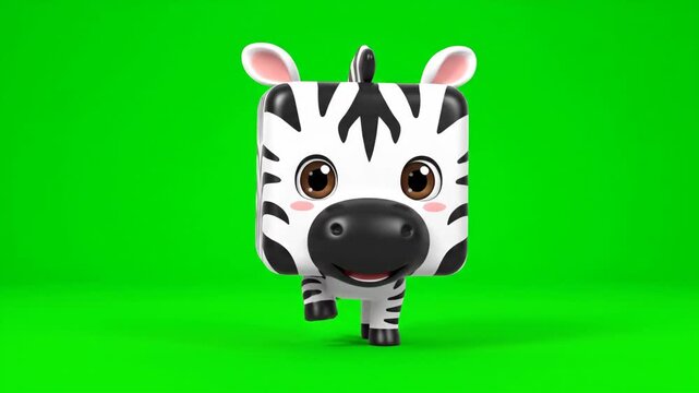Cute cartoon zebra character with black and white stripes, isolated on a green screen background.