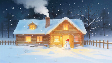 A Log Cabin and a Snowman in the Snow