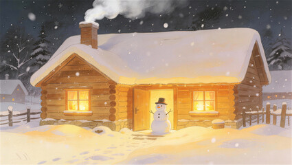 A Log Cabin and a Snowman in the Snow