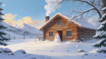 A Log Cabin and a Snowman in the Snow
