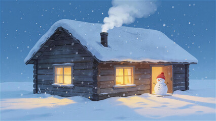 A Log Cabin and a Snowman in the Snow