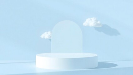 Minimalist light blue product display podium with soft clouds and shadows