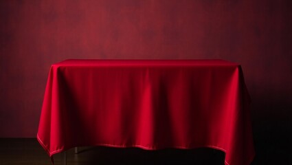 A draped red fabric covers a table against a textured red background
