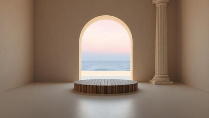 Minimalist interior with arched window overlooking the ocean and a decorative pedestal