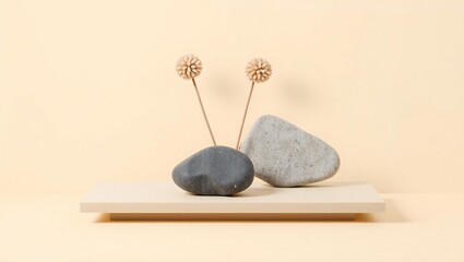 Minimalist arrangement of textured stones and dried flowers on a neutral background