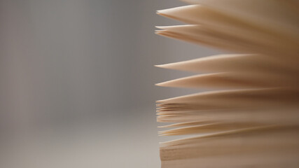 Close view of paper pages in a book on a smooth surface