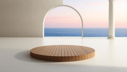 Minimalist display podium with ocean view at sunset