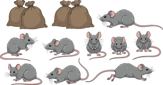 Cartoon vector illustration set of grey mice in various poses and brown burlap sacks isolated on a white background for design.