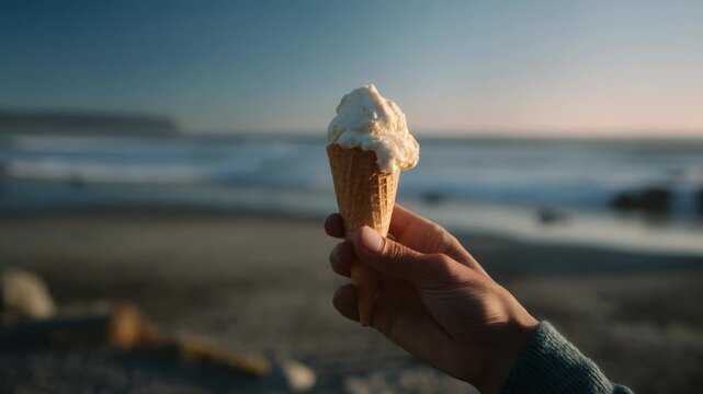 Hand Holding Ice Cream Cone with Beach and Ocean in Background during Sunset