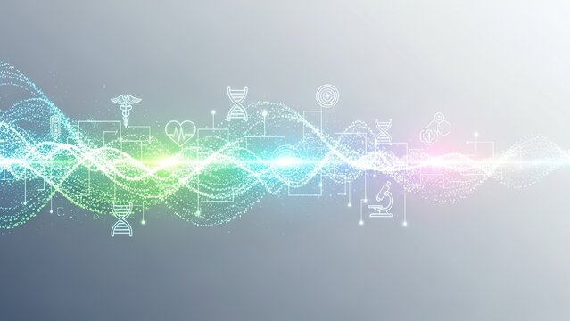 Vibrant medical technology wave with DNA helix and health icons in modern gradient background - Powered by Adobe