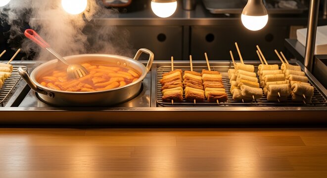 Steaming Tteokbokki and Eomuk skewers at a vibrant Korean night