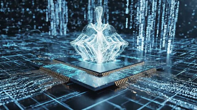 artificial intelligence data flow visualized as glowing hologram emerging from futuristic microchip processor concept for machine learning innovation