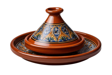 Brown ceramic tagine with blue and yellow floral pattern on black background pottery cookware, Png, Isolated on Transparent Background, Cut Out