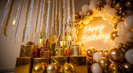 Birthday party decoration setup with golden gifts neon sign and white balloon arch celebration surprise luxury festive moment