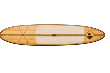 Wooden paddleboard with elephant logo and bungee cords on transparent background for water sports and outdoor activity