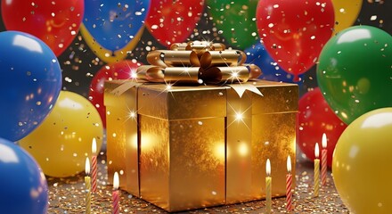 Golden birthday gift box surprise celebration with bright balloons and falling confetti, festive anniversary moment
