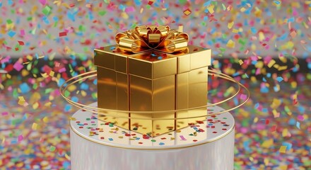 Golden gift box on pedestal with confetti celebration, luxury award presentation, festive surprise, winning moment reveal