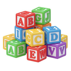 Stack of colorful wooden alphabet blocks with white letters on a plain white background.