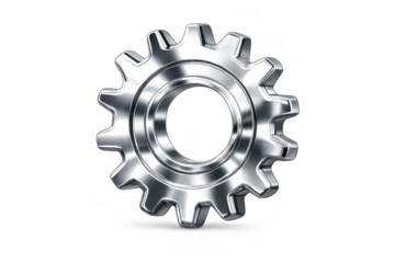 Silver metal gear icon representing engineering, industrial concept, mechanism, settings, and efficient technology