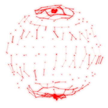 Red scattered digital dots sphere with some lines connect.Exploding particle planet effect