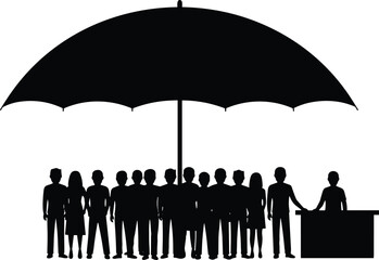 Black silhouette of a large group of diverse people standing together under a giant umbrella, symbolizing protection, security, business insurance, coverage, and community.