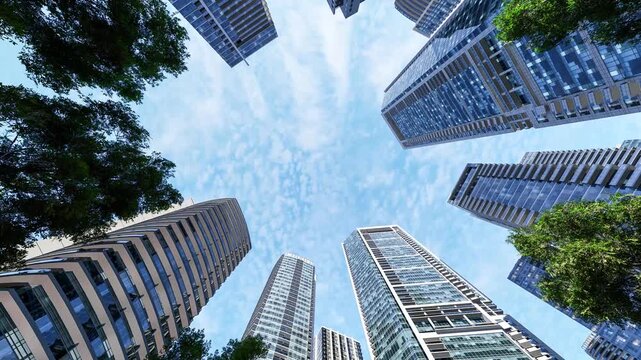 3d animation render low angle view of modern glass skyscrapers and condominiums with green trees against blue sky. Future urban city architecture background.