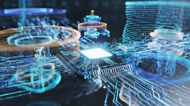 artificial intelligence processor glowing on futuristic circuit board with holographic data streams and neural network waves fintech innovation