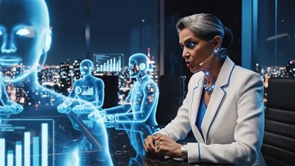 Businesswoman interacting with futuristic holographic projections in a modern office at night with - Powered by Adobe
