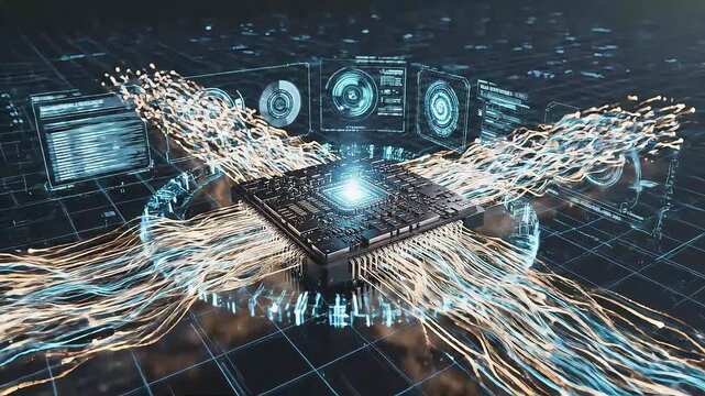 artificial intelligence processor chip visualizing big data streams in futuristic digital interface concept for high speed computing and cloud