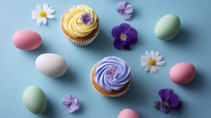 Fototapeta premium Colorful Cupcakes Surrounded by Easter Sweets and Flowers on Blue Background for Festive Celebrations