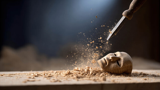 Wooden Puppet Head Carving Process with Chips Flying in Mid-Air, Showcasing Craftsmanship and Tools in Action