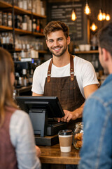 Portrait of smiling male barista standing behind cash register in coffee shop