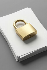 Brushed gold padlock sitting on top of white paper stack for data security