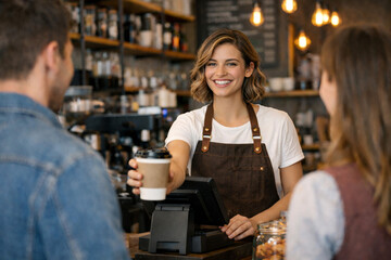 Happy female barista handing paper coffee cup to customer at cafe counter