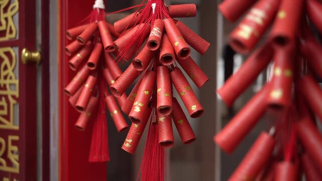 Red Firecracker Strings. Lunar New Year 2026 (Year of the Horse). A close-up of long, coiled strings of traditional red firecrackers hanging from a door frame, ready to be lit.

