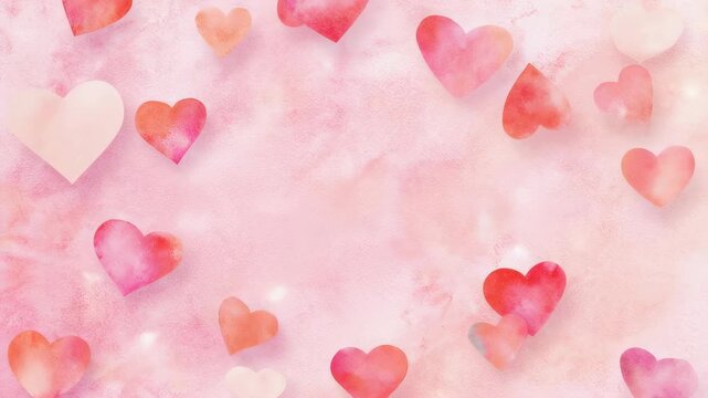 Watercolor hearts in shades of pink and red scattered across a textured pink background