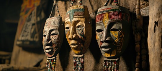 Cultural Artistry: Three Hand-Carved Wooden Masks with Vibrant Beads and Intricate Patterns
