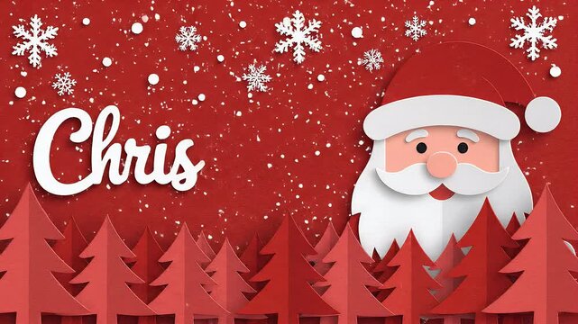 Festive Christmas greeting with Santa Claus and snow, personalized with the name Chris, red background and paper cut trees