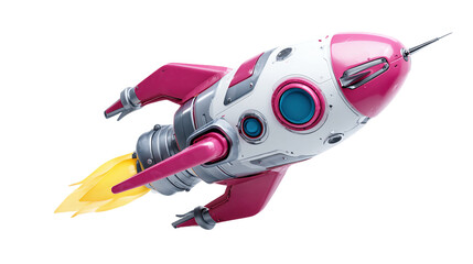Whimsical Pink and White Toy Rocket Soaring on Transparent Background, PNG