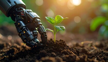 Robot hand gently plants a green seedling in rich, dark soil under a golden sunlight, symbolizing nature and tech