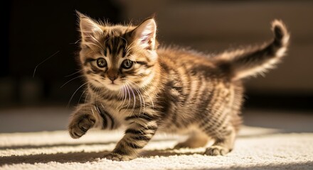Tabby kitten with striped fur walking on a carpet in sunlight animal