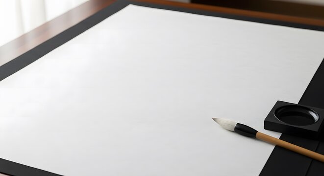 Traditional Asian calligraphy brush and ink stone on blank white