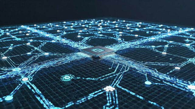 central ai processor chip visualizing glowing neural network connections on circuit board concept for machine learning and data processing