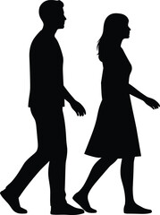 Black Silhouette of Man and Woman Walking Side-by-Side, Couple Strolling, Adult Figures, Relationship, Dating, People in Motion, Vector Graphic.