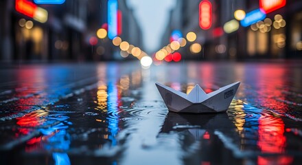 White paper boat floats on wet street reflecting city lights at night origami floating