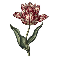 Detailed illustration of a red and white striped tulip with green leaves on a white background.