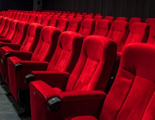 Fototapeta premium Rows of plush red velvet seats in a dimly lit auditorium or theater, stretching back into darkness
