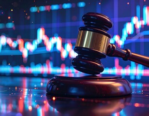 A gavel rests atop a sound block, superimposed over a fluctuating graph with neon color accents creating an abstract digital financial scene