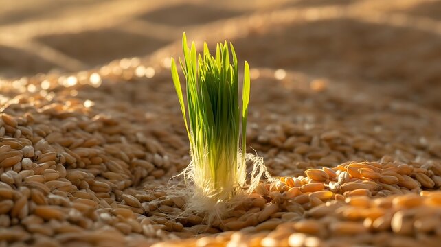 Close up of wheatgrass sprouts growing from bed of golden grains