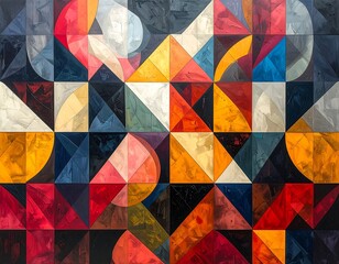 A geometric abstract painting, vibrant colors creating a patchwork effect. The piece uses squares, triangles, & curves, forming a tiled mosaic look